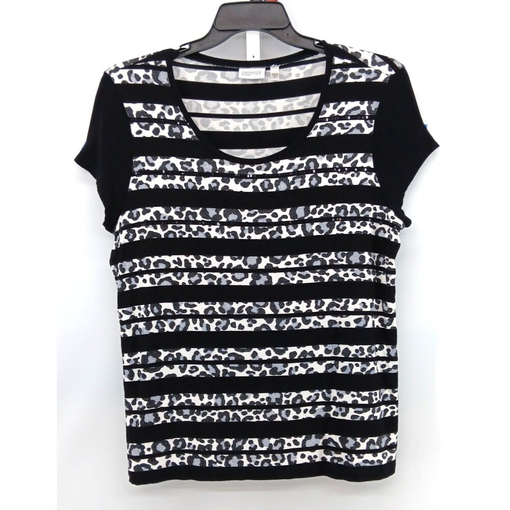 Chicos Zenergy Blouse Women Size 2 Black White Striped Animal Print Casual Top